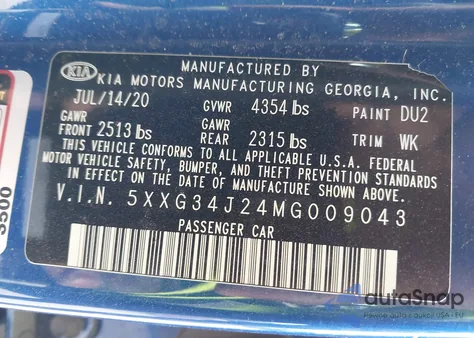 2021 Kia K5 Ex из США, поврежденный, VIN 5XXG34J24MG009043